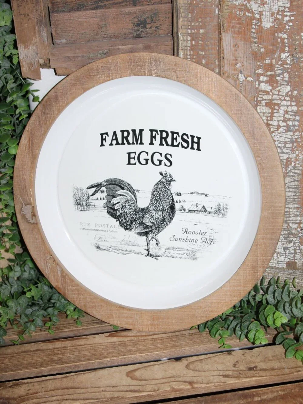 White & Black Farm Fresh Eggs Farmhouse Rooster Chicken Wall Decor Plate